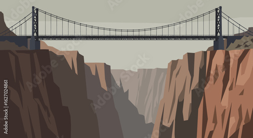 Suspension bridge spanning rocky canyon against overcast sky in minimalist style. Vector illustration
