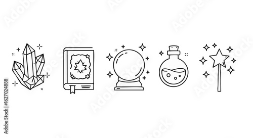 Magical Symbols Crystals, Book, Crystal Ball, Potion, and Wand - For Mystical Design