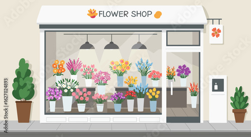Charming flower shopfront with colorful blooms in pots displayed through large glass window. Vector illustration