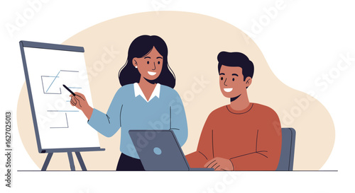Female caucasian adult presenting to male caucasian adult with laptop at meeting. Vector illustration