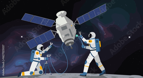 Astronauts repair satellite in space with starry nebula background. Vector illustration