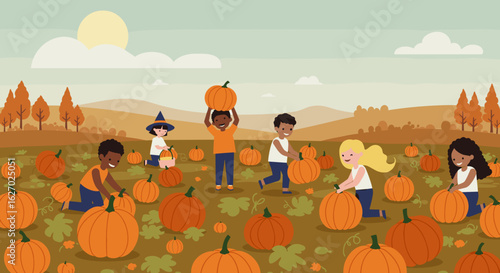 Children enjoying pumpkin patch in autumn landscape. Vector illustration