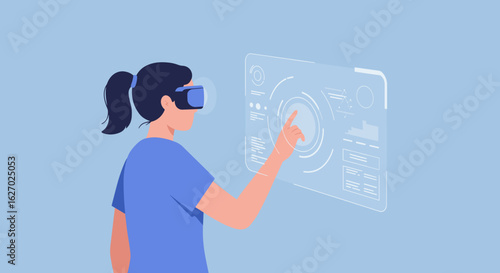 Asian female using vr to interact with virtual interface display in modern technology environment. Vector illustration