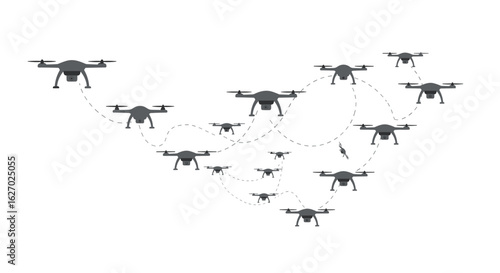 Drone formation and flight paths visualization. Vector illustration
