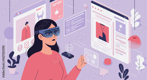 Female asian adult using virtual reality headset for online shopping in futuristic environment. Vector illustration
