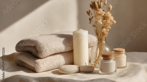 Serene spa arrangement with towels, candles, decorative grass and cosmetic jars on a linen cloth surface.
