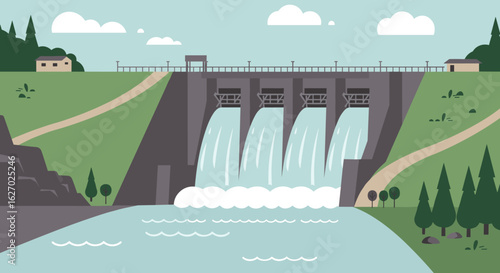 Hydroelectric dam with flowing water in scenic landscape with trees and clouds. Vector illustration