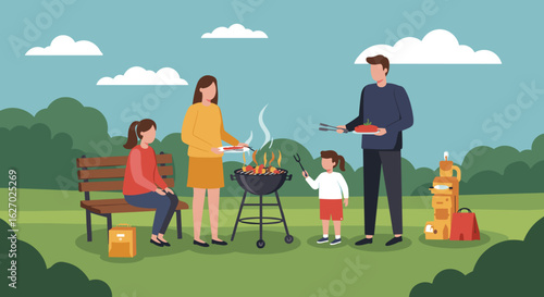 Family barbecue picnic with caucasian parents and children in a park setting. Vector illustration