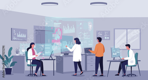 Diverse group of young caucasian and hispanic adults working in a modern high-tech office environment. Vector illustration