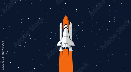 Space shuttle launching into starry sky with bright orange flames. Vector illustration