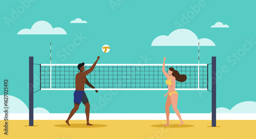 Asian female and african male adults playing volleyball on sandy beach with blue sky. Vector illustration