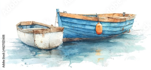 Watercolor painting of two weathered fishing boats