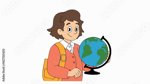 Clean and modern vector  cartoon schoolgirl with globe studying geography education learning world