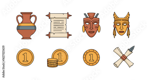A collection of ancient history and archaeology icons, featuring tribal masks, antique vases, gold coins, and papyrus scrolls for adventure themes