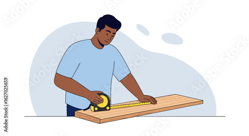 Young african male measuring wooden plank with tape measure in workshop setting. Vector illustration