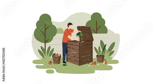 Caucasian male adult engages in garden composting with vegetables and plants. Vector illustration