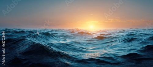 Vast ocean waves at sunset