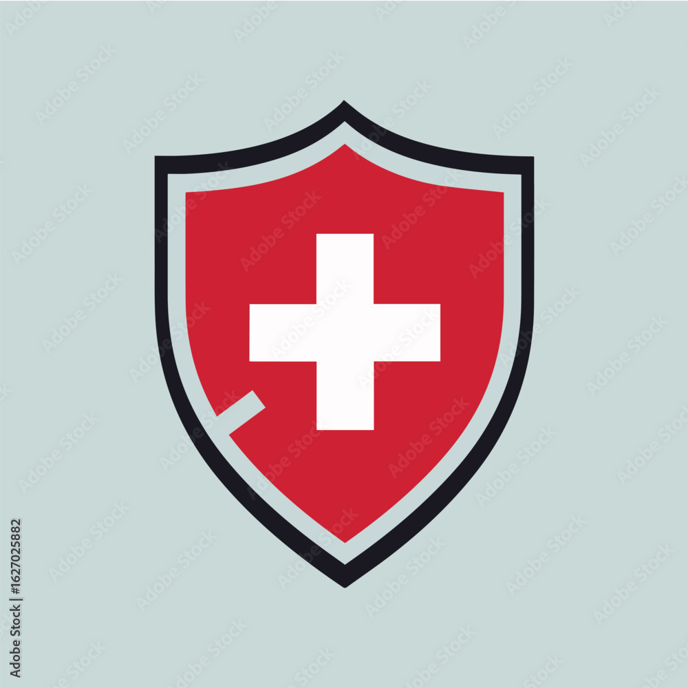 Obraz premium Clean and modern vector red shield with white cross vector logo for healthcare and protection