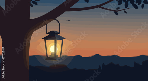 Tranquil sunset with lantern hanging from tree branch near hills and silhouette. Vector illustration