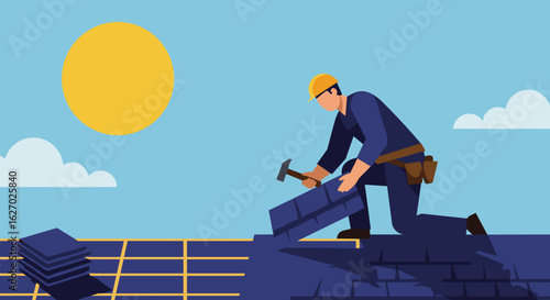 Caucasian male roofer working with tiles on a sunny day. Vector illustration