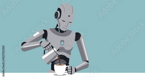 Futuristic humanoid robot pouring coffee into mug on turquoise background. Vector illustration