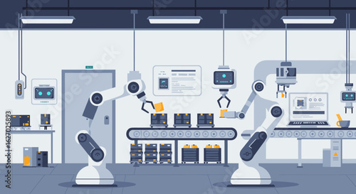 Automated robotics in modern factory assembly line with conveyor belt and robotic arms. Vector illustration