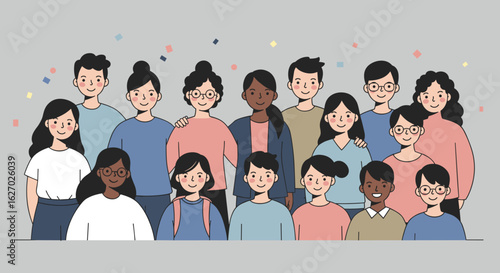 Diverse group of young people smiling together with caucasian asian and african heritage. Vector illustration