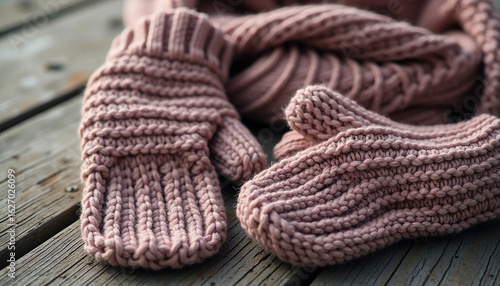 Cozy knitted mittens and scarf laid on a wooden surface, winter season concept