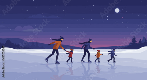 Family ice skating at night in winter landscape. Vector illustration