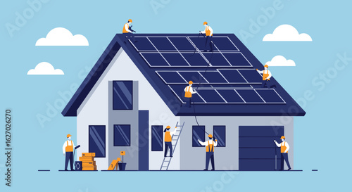 Workers installing solar panels on modern house roof under blue sky. Vector illustration