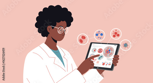 African female scientist analyzing cell structures on tablet in laboratory setting. Vector illustration