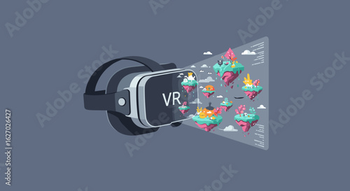 Vr headset displaying colorful virtual reality floating islands and fantasy creatures. Vector illustration
