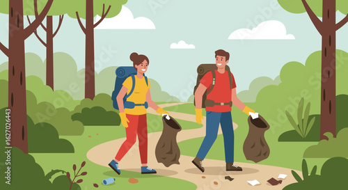 Young caucasian adults cleaning up forest trail and collecting litter with reusable bags. Vector illustration