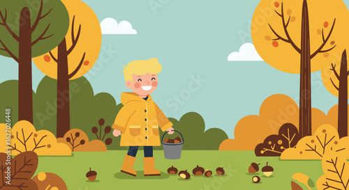 Young caucasian boy collecting acorns in autumn forest with smile and bucket. Vector illustration