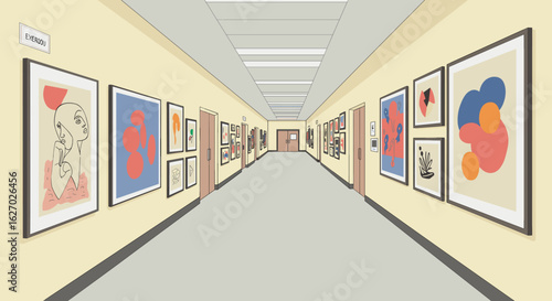 Gallery hallway featuring abstract artworks on walls in modern museum setting. Vector illustration
