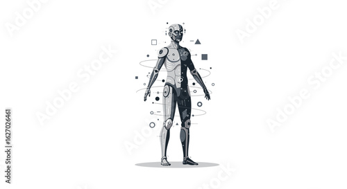 Futuristic humanoid robot with geometric patterns and abstract elements. Vector illustration