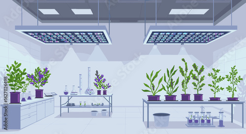 Modern botanical laboratory with diverse plant cultivations and advanced equipment. Vector illustration
