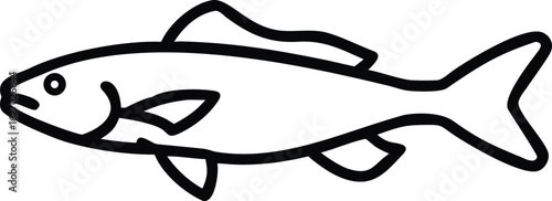 Single black outline presents simple fish drawing on white
