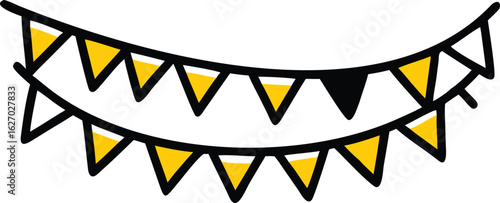 Yellow triangular bunting sways cheerfully with a solitary black pendant amidst two rows