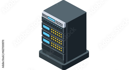 Vector art of a modern server rack with multiple bays, illuminated with blue and yellow lights, isolated on a white background