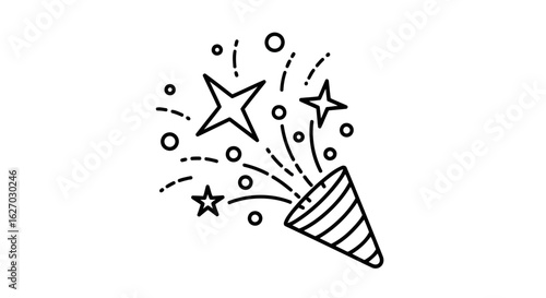 Vector art of a festive party popper explodes with stars and confetti, isolated on a white background