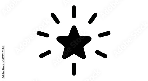 Vector art of a bold black star icon with radiating lines, symbolizing brilliance and success, isolated on a clean white background