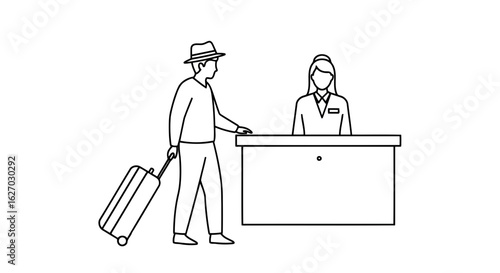 Vector art of a traveler with a suitcase approaches a receptionist at a hotel front desk for checkin