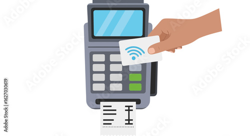 Vector art of a hand holds a contactless card with a wifi symbol near a payment terminal, ready to make a transaction