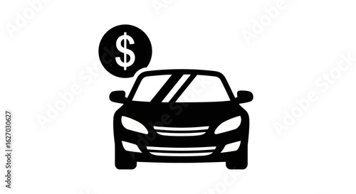 Vector art of a black car icon with a dollar sign symbol above it, representing car cost or purchase