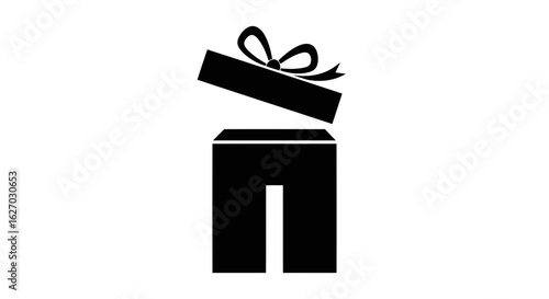 Vector art of a simple black icon of an open gift box with a bow on a plain white background
