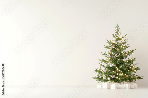 Minimalist christmas tree with lights and gifts for holiday celebration and interior design