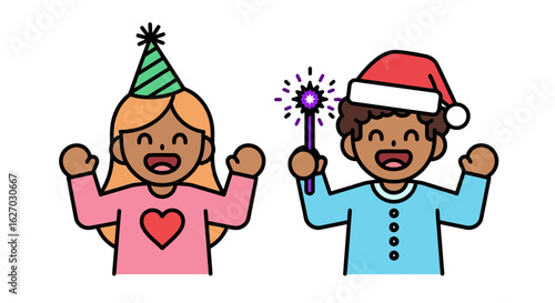 Vector art of two happy children, a girl with a party hat and a boy with a santa hat holding a magic wand, celebrating with joy