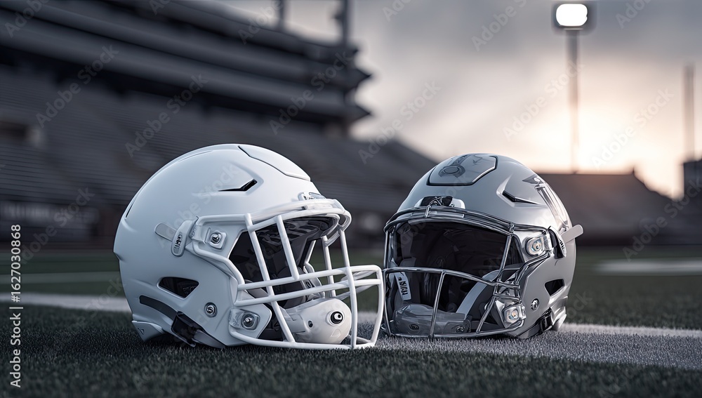 Fototapeta premium Two football helmets, white and gray, on a stadium field at sunset