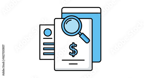 Vector art of a magnifying glass is used to examine a financial document with a dollar sign, symbolizing financial analysis and research
